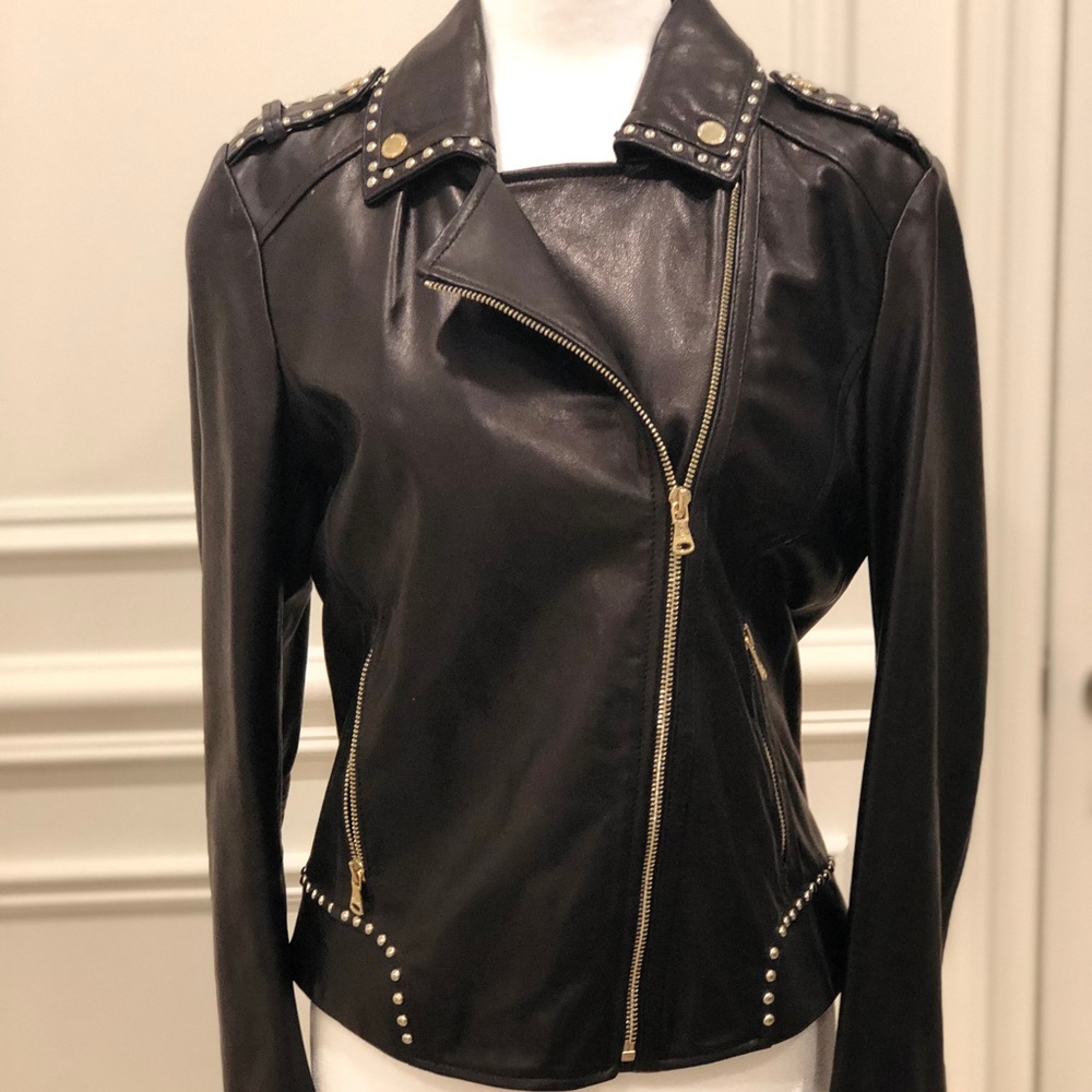 Massimo Dutti Black Leather Biker Jacket with Studs